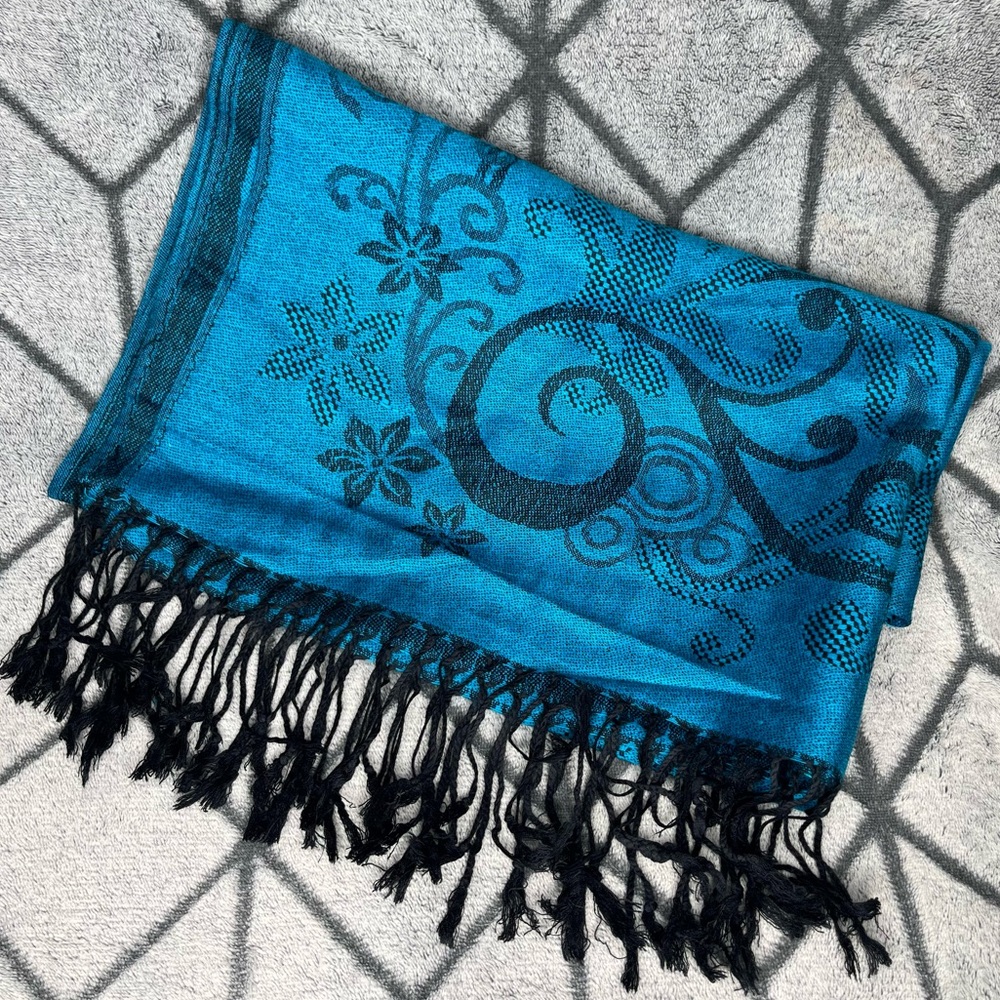 Pashmina Silk Floral Teal Fringe Scarf H